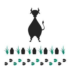 Cow silhouette icon with milk bottle, grass, and hoof print Cow silhouette icon with bottle,grass and animal hoof print,cow footprint sign,illustration for livestock symbol,dairy farm product design 