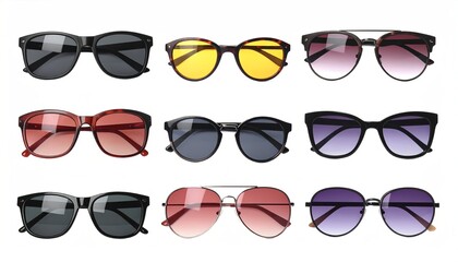 Collection of Stylish Sunglasses in Various Colors and Shapes Displayed on White Background