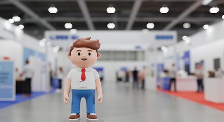 Fototapeta premium Smiling Cartoon Figurine at a Busy Trade Show