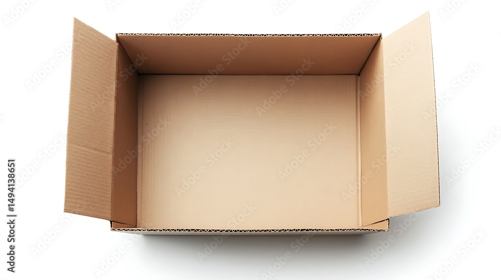 Poster empty cardboard box open on white background with shipping concept, and overhead view.