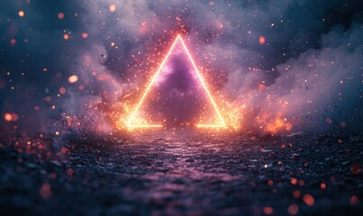 Glowing triangle amidst fiery, smoky scene.  Embers and sparks surround the illuminated shape