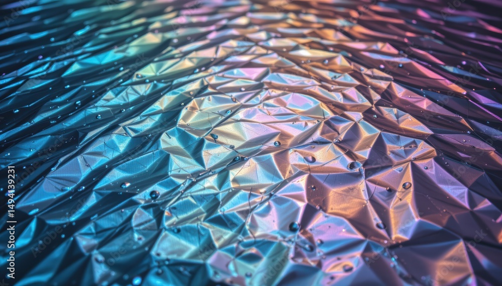 Poster iridescent metallic surface with water droplets reflecting colorful light in abstract patterns