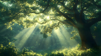 Lush forest scene bathed in golden sunlight.