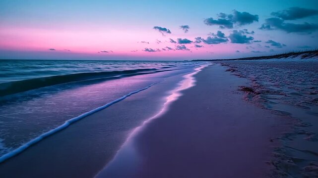 Scenic coastal view at sunset with tranquil beach and ocean waves under a colorful sky creating a serene atmosphere.