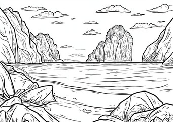 Paysage côtier, style gravure, rochers et mer calme
