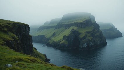Misty Coastal Cliffs and Green Island Landscape Under Foggy Atmosphere by the Ocean