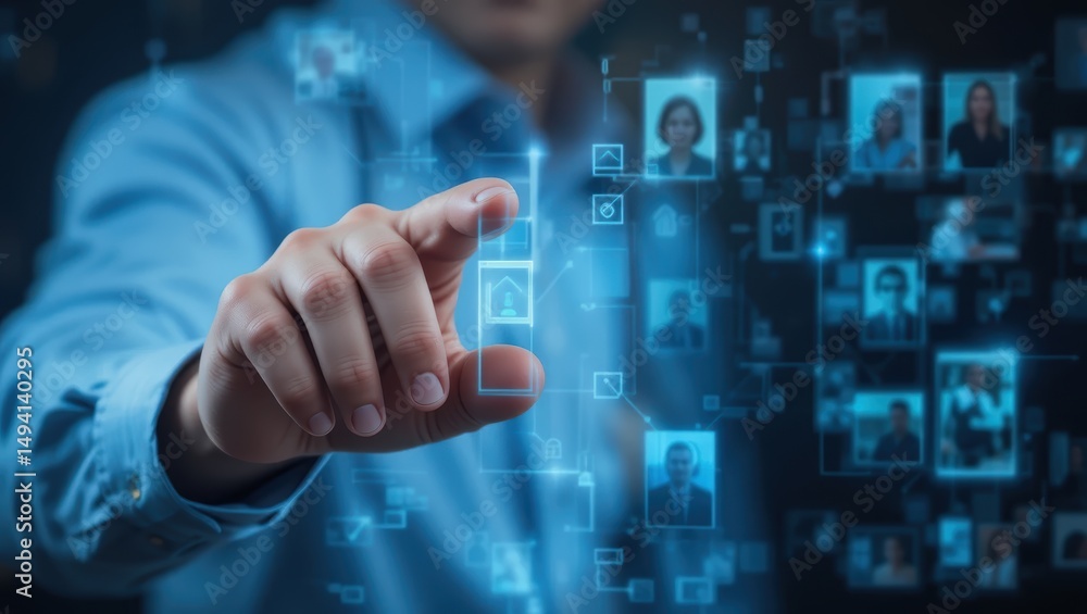 Aufkleber person engaging with digital network interface displaying various profile images and data