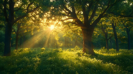 Lush forest scene bathed in golden sunlight.