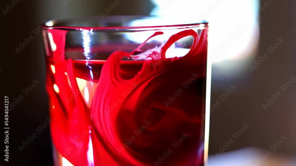 Poster close up of red liquid swirling inside a clear glass, creating abstract patterns and a vibrant, dyna