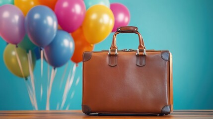 Leather briefcase with colorful balloons behind on wooden table. Ideal for travel blog or promotion, happy moving, or new business.