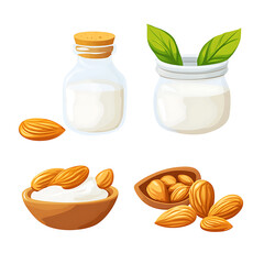 Realistic and artistic representations of almonds, almond farming, processing, and almond-based products like milk, butter, and oil isolated on a white background.