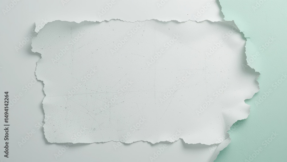 Poster torn piece of textured paper in white and mint green colors creating a minimalist background design