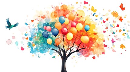 Colorful tree with balloons and birds, surrounded by vibrant flowers on a white background