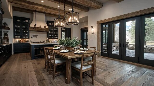 Interior view of a luxury kitchen and dining room with wooden floors and large windows overlooking a garden. Features a rustic wooden table set for a meal with a chandelier.