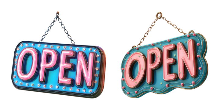 Colorful Vintage "Open" Signs on Transparent Background for Signage