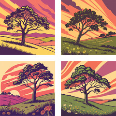 A lone tree standing in a field with a vibrant, 80s-style sunset. 