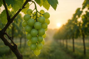 Fototapeta premium Sunlit Grape Cluster Hanging on Vine with Dew in Morning Vineyard