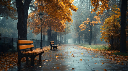 Autumnal park path, wet and golden, under a misty sky.