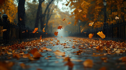 Autumnal pathway lined with fallen leaves in the rain.
