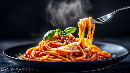 Delicious Steaming Spaghetti with Tomato Sauce and Basil Garnish Atop a Dark Plate