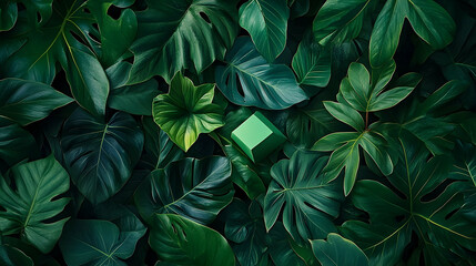 Green geometric form amidst lush foliage.