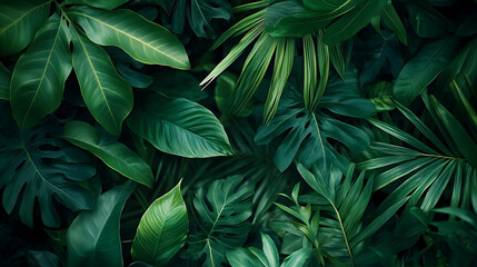 Lush tropical foliage in deep green hues.