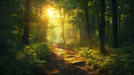 Sunlit path through a verdant forest at dawn.