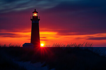 Lighthouse silhouette at sunset over a coastal dune.