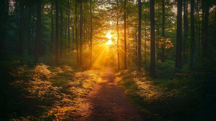 Golden sunlight streams through a tranquil forest path.