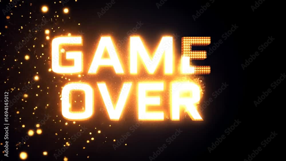 Poster Retro Pixelated Game Over Animation with Glowing Particle Effects on Black