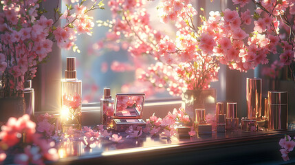 Springtime beauty products displayed amongst blossoming flowers.