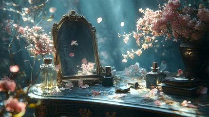 Ornate vanity table adorned with blossoms and reflections.
