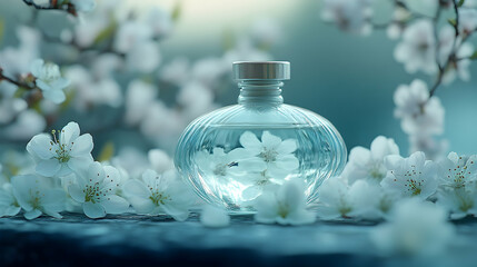 Delicate perfume bottle surrounded by blossoms.