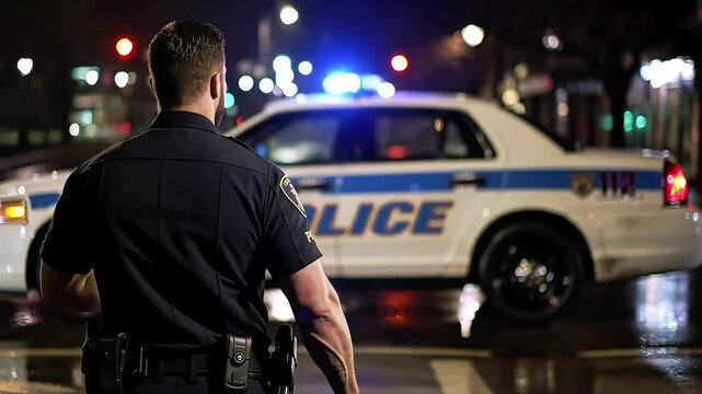 Police officer at night near patrol car	
