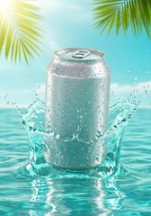 Refreshing Drink Can Splashing into Tropical Ocean Water Summer Beverage Ad