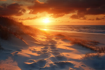 Golden sunset over a sandy beach path.