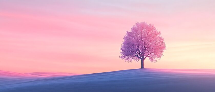 Serene Sunset Overleaf Tree in Tranquil Winter Landscape Scene