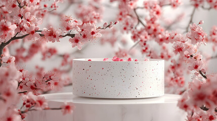 Elegant white pedestal surrounded by cherry blossoms.