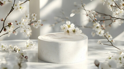 Elegant white pedestal surrounded by delicate cherry blossoms.