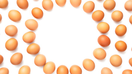 Fresh brown eggs in a circular pattern on white, symbolizing simplicity and natural harmony.