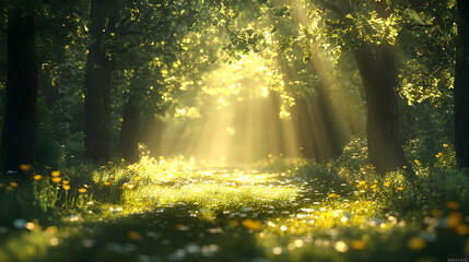 Sunlight streams through a verdant forest pathway.