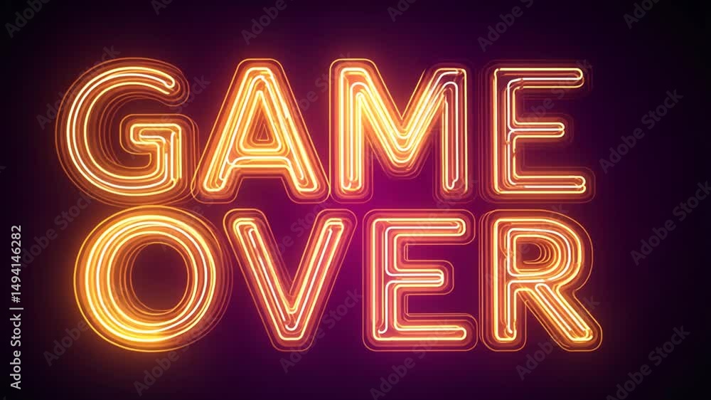 Poster glowing game over screen with neon style letters on dark background