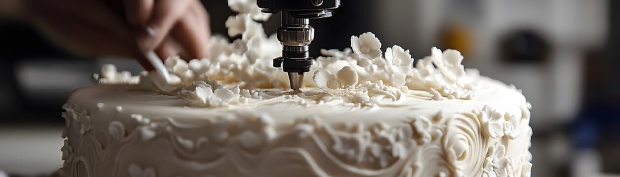 Expertly decorated cake with intricate icing design.