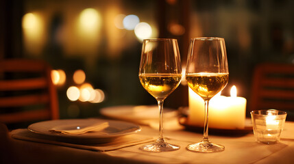 Elegant dinner table with wine glasses and candles, a romantic evening for two