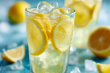 Refreshing Lemonade Cocktail With Ice Cubes And Lemon Slices On Blue Background