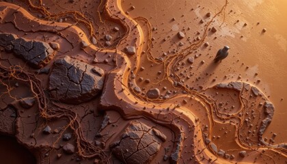 Aerial View of Abstract River Patterns Through Rocky Terrain at Sunset in a Natural Landscape