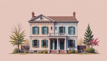 Fototapeta premium Charming Vintage House with Pink Facade and Colorful Garden in a Tranquil Setting