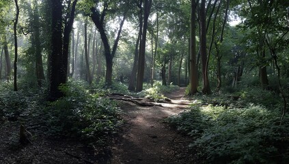 Obraz premium Sunlit Path Through Lush Green Forest