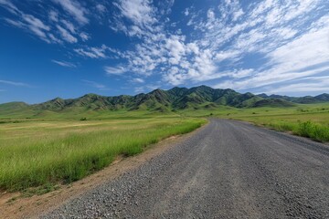 Fototapeta premium Gravel Road Through Green Plains And Mountains Under Sunny Blue Sky