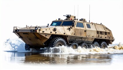 Fototapeta premium Amphibious Military Vehicle Splashing Water – White Background